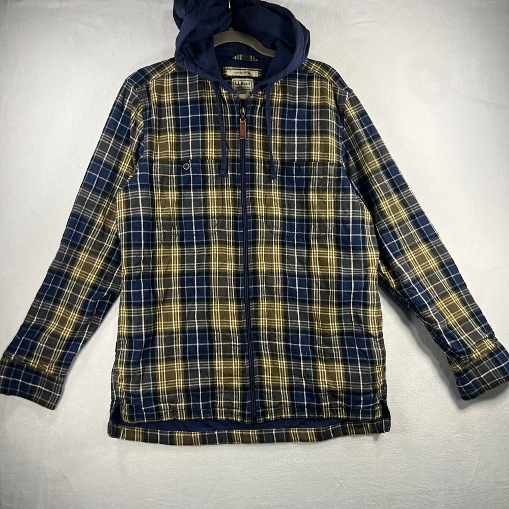 LL Bean Flannel Lined Zip‎ Up Hooded Jacket Blue Plaid Men's M Reg